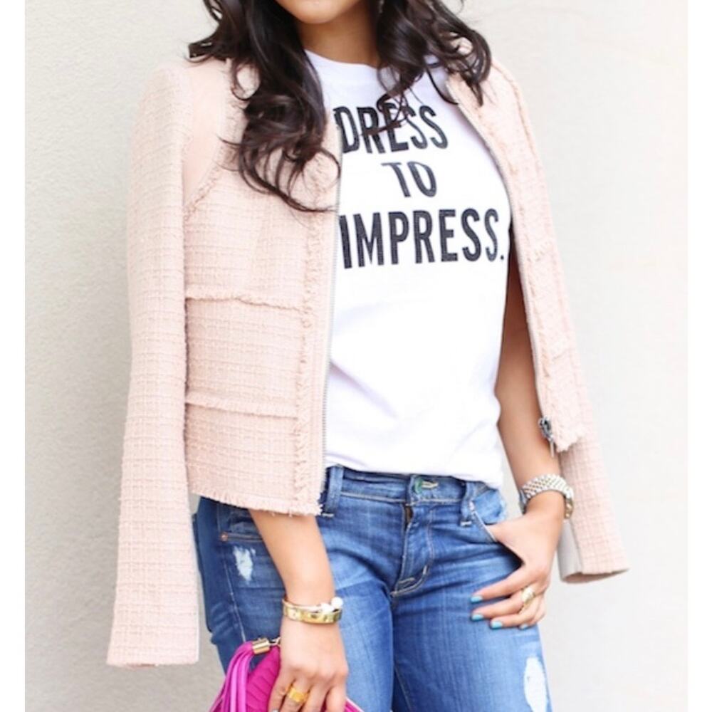 Rebecca Taylor Tweed Boucle Wool Lamb Leather Blazer Jacket Pink Tan Size 8